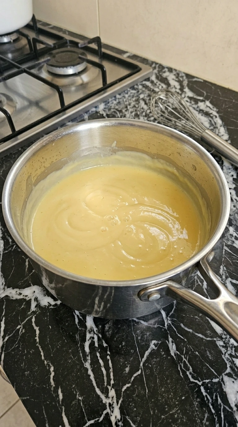 Thick glossy vanilla custard cooked to 180°F in a stainless-steel saucepan.