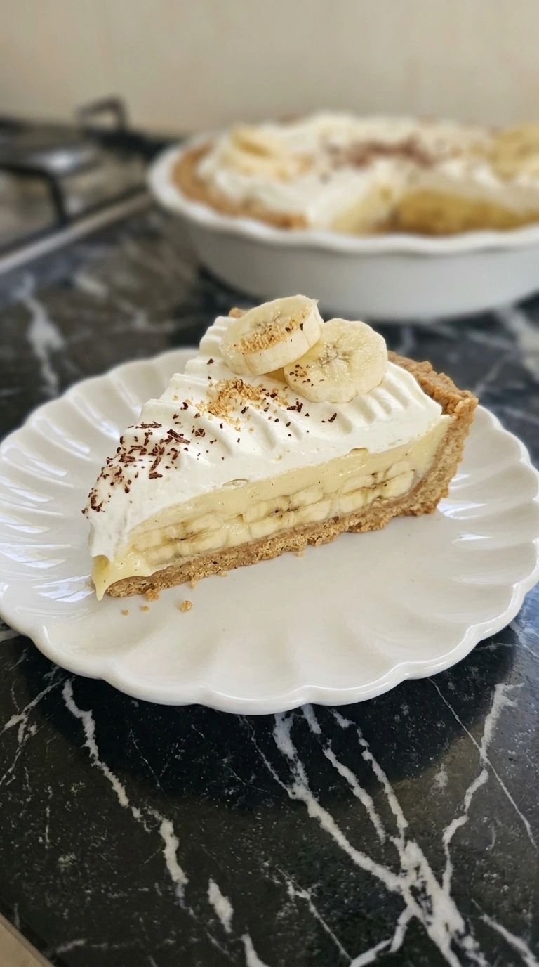 Single slice of Banana Cream Pie showing graham crust, banana layers, custard and whipped cream.