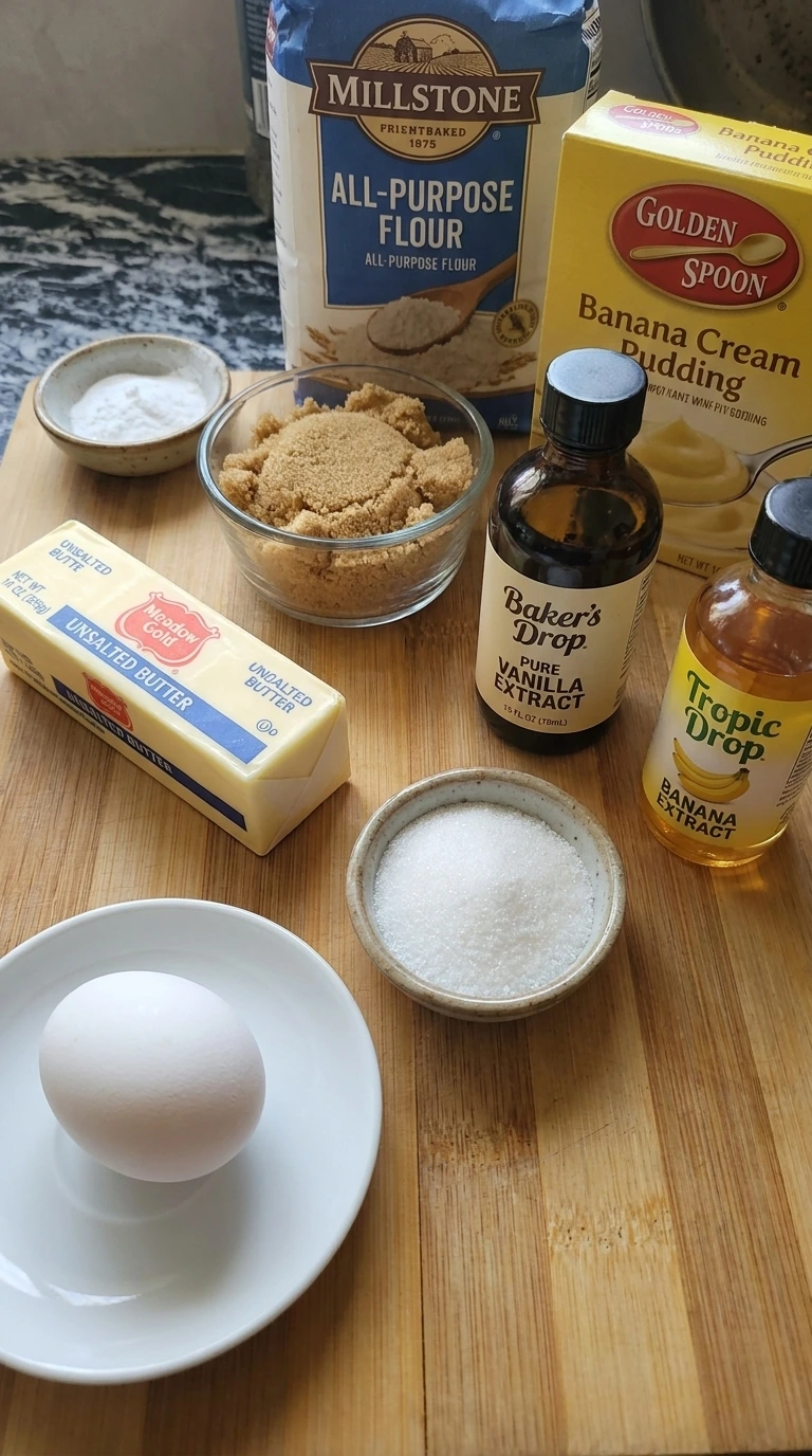 Ingredients for banana pudding cookies including pudding mix white chocolate chips and vanilla wafers