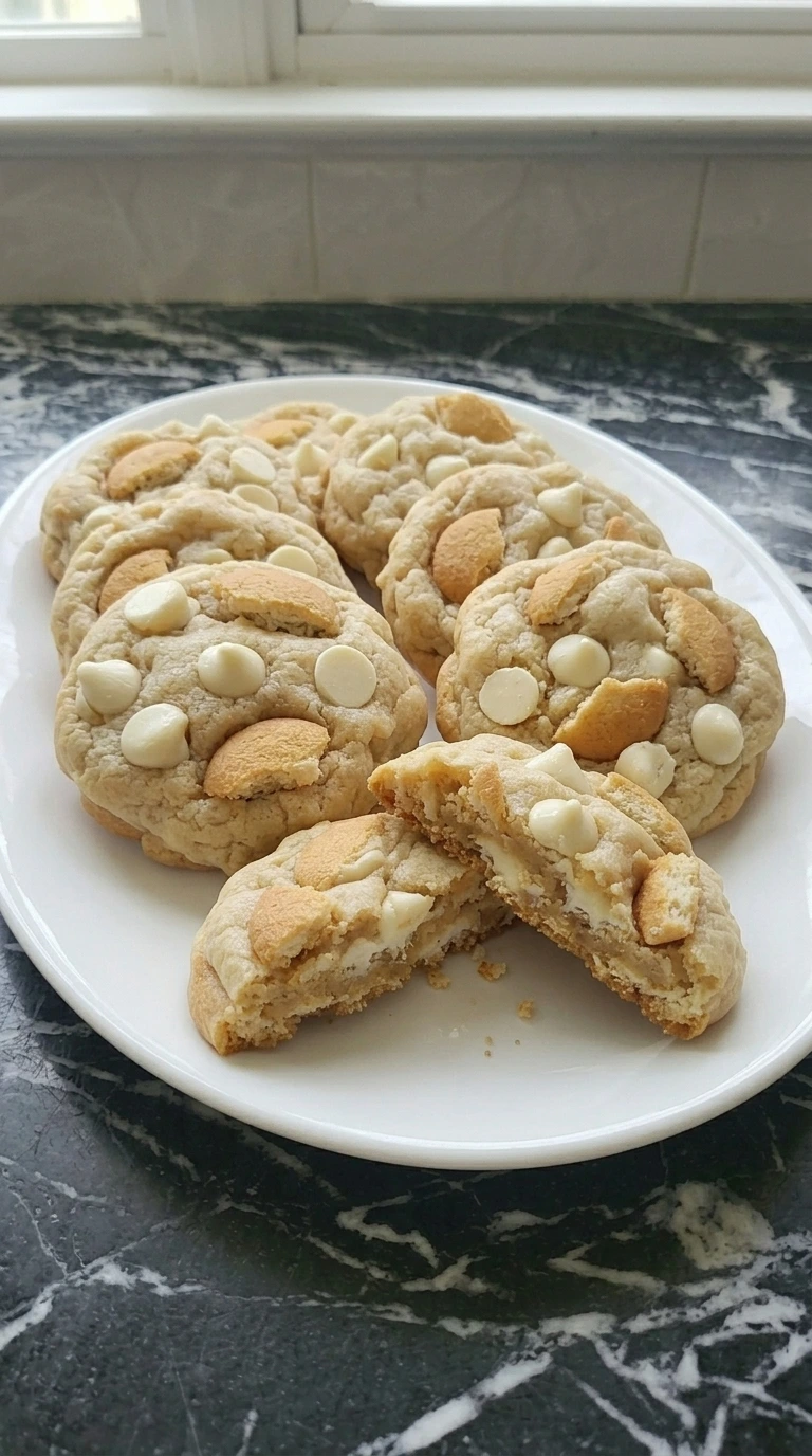 Soft banana pudding cookies with white chocolate chips and vanilla wafer pieces on a white plate