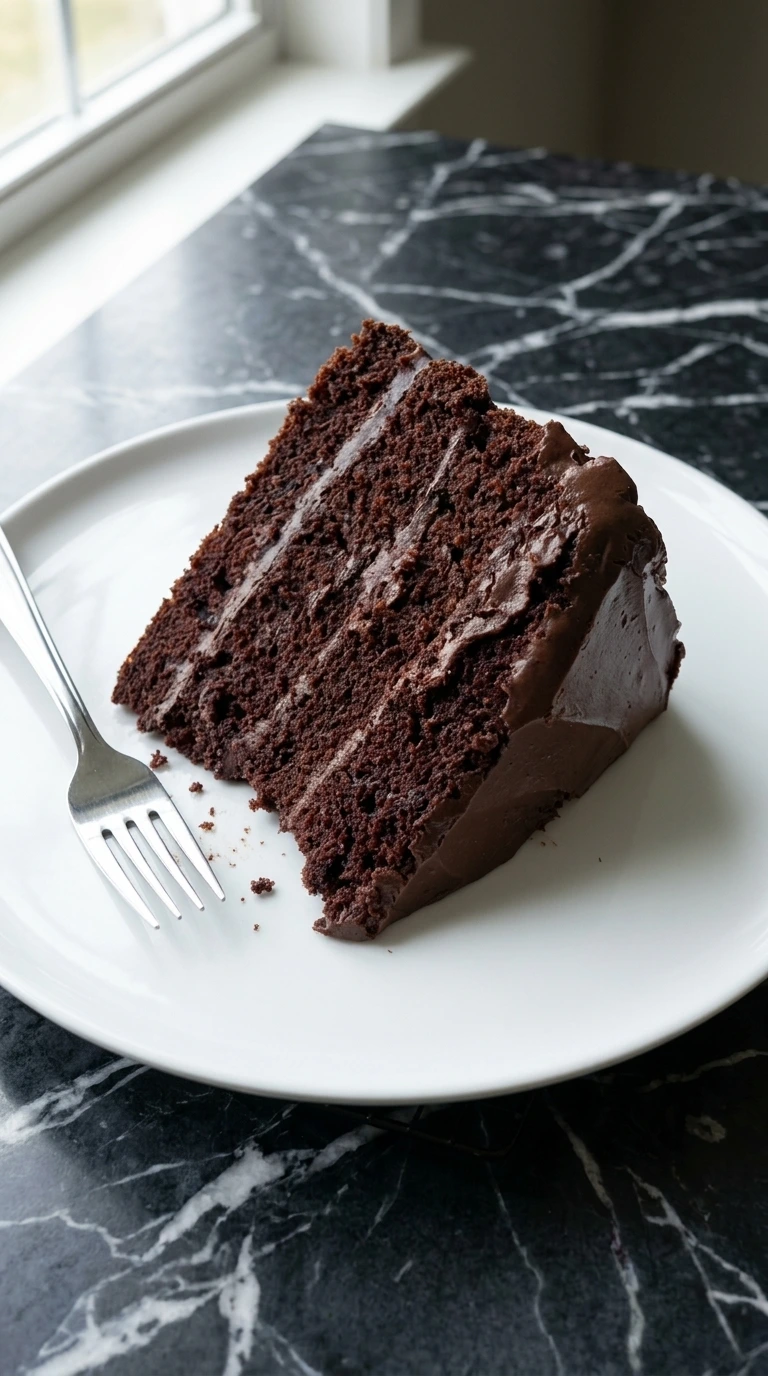 A slice of three-layer chocolate cake with rich fudge frosting on a white plate