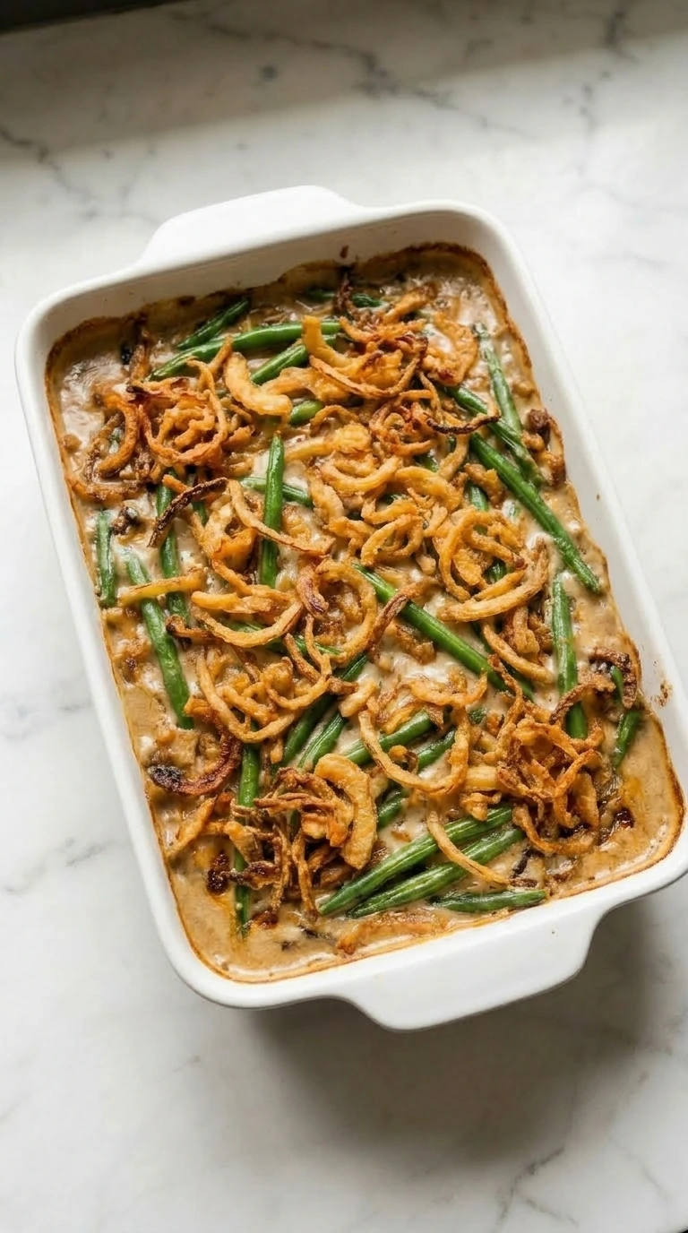 A white ceramic baking dish filled with homemade green bean casserole topped with crispy fried onions and melted cheese.