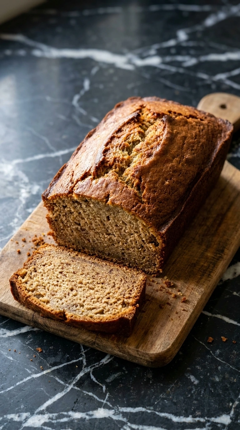 A golden brown banana bread loaf sliced on a wooden board