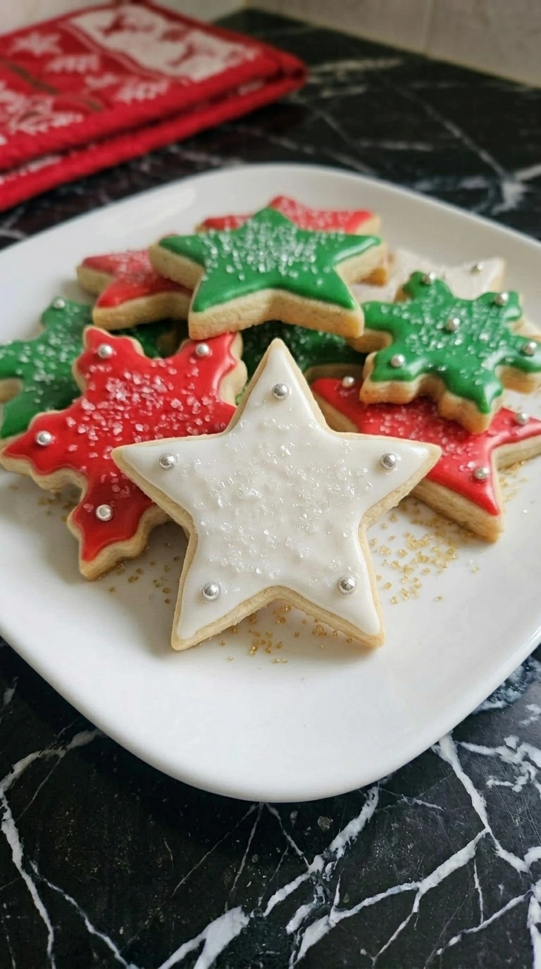 A platter of decorated soft cut-out Christmas sugar cookies in star and tree shapes