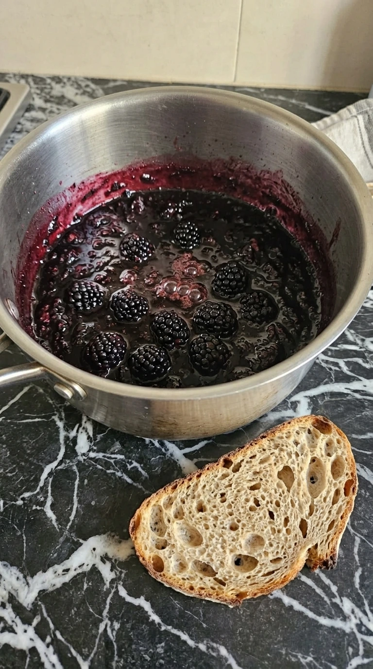Blackberry jam simmered until glossy with some berries left whole