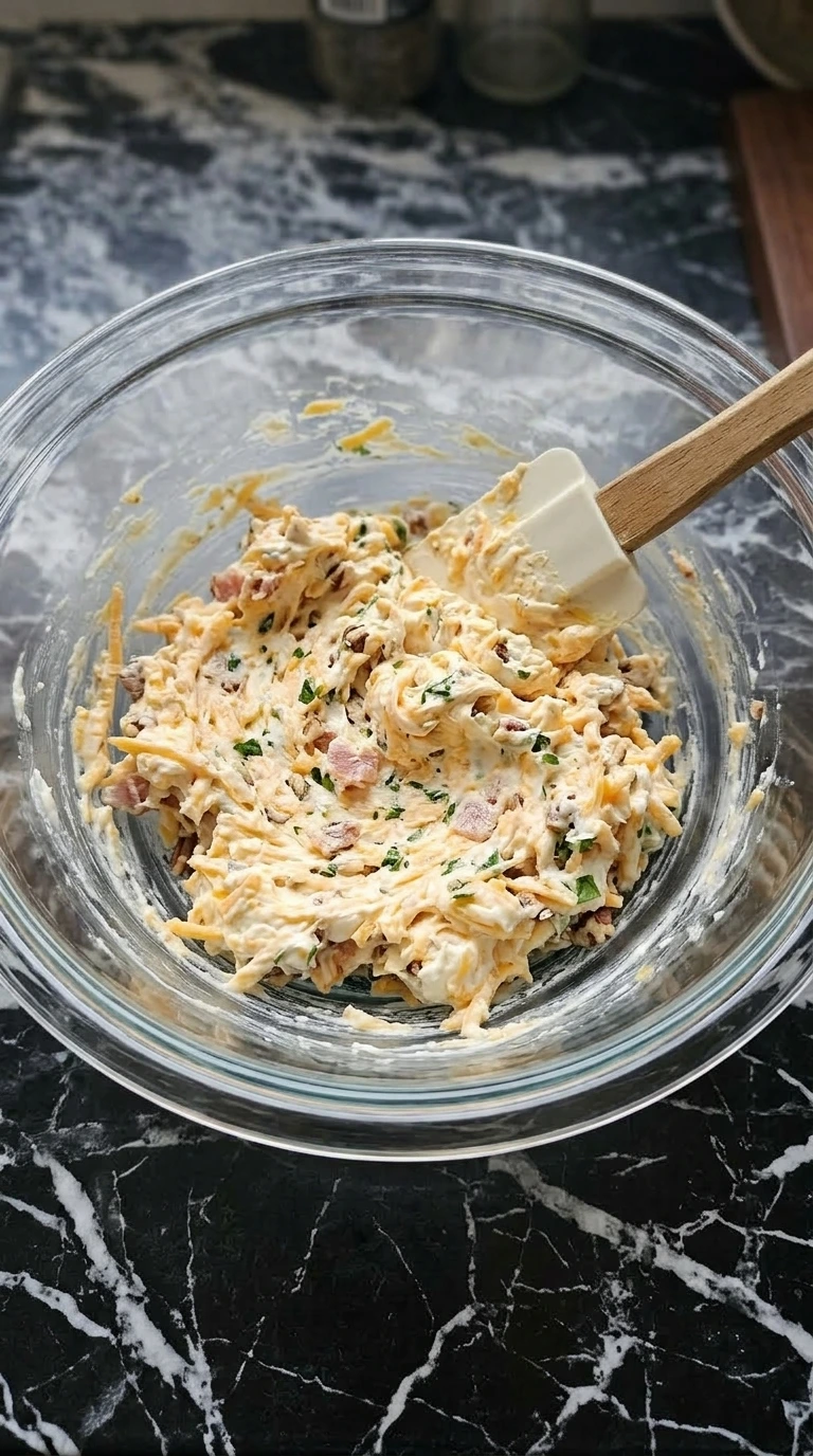 Mixing cream cheese and sharp cheddar cheese together in a glass bowl with a spatula.