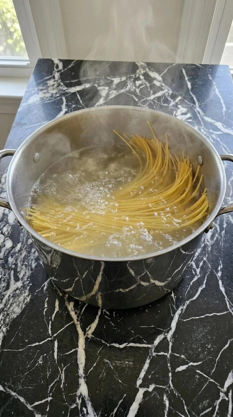 Cooked spaghetti draining in a stainless steel colander in the sink