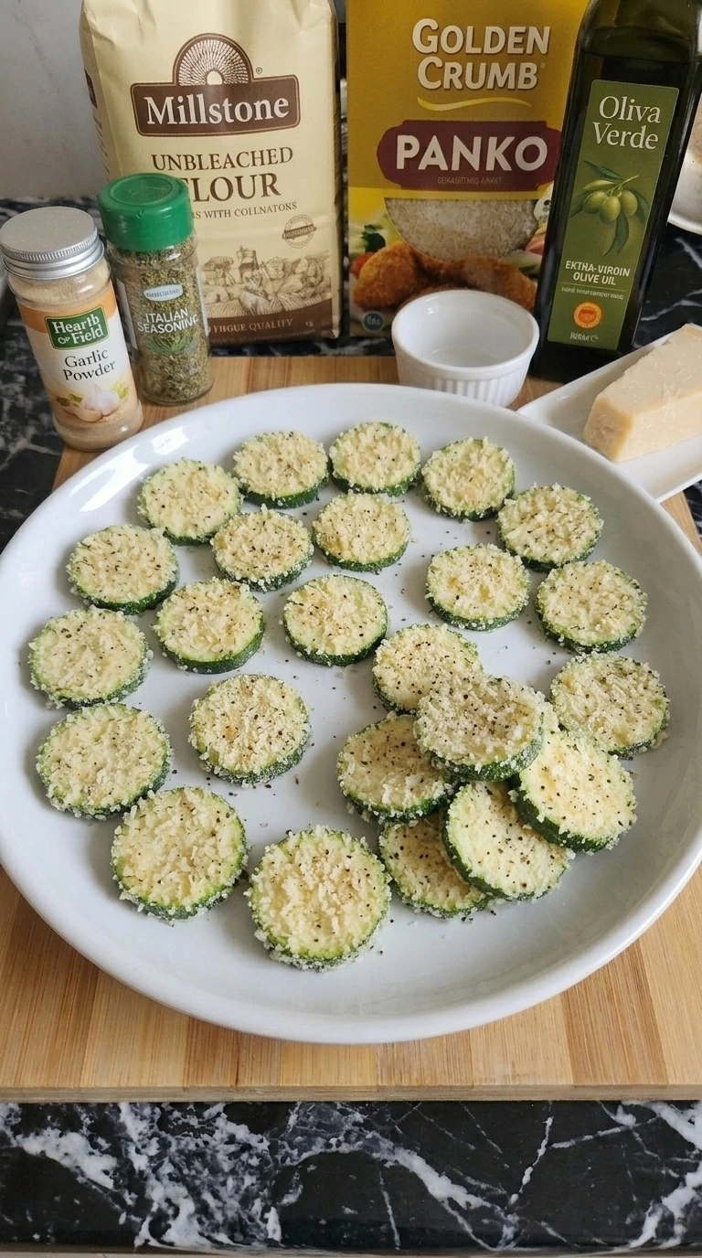 Breaded zucchini coins coated with panko and Parmigiano Reggiano Recipe focus: Parmesan Crusted Zucchini In Air Fryer.
