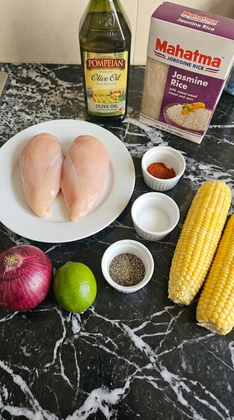 Raw ingredients for chicken rice bowls scattered on a wooden table.