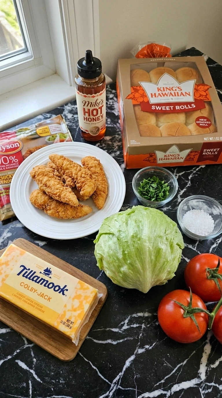 Raw ingredients for chicken sliders spread out across a table