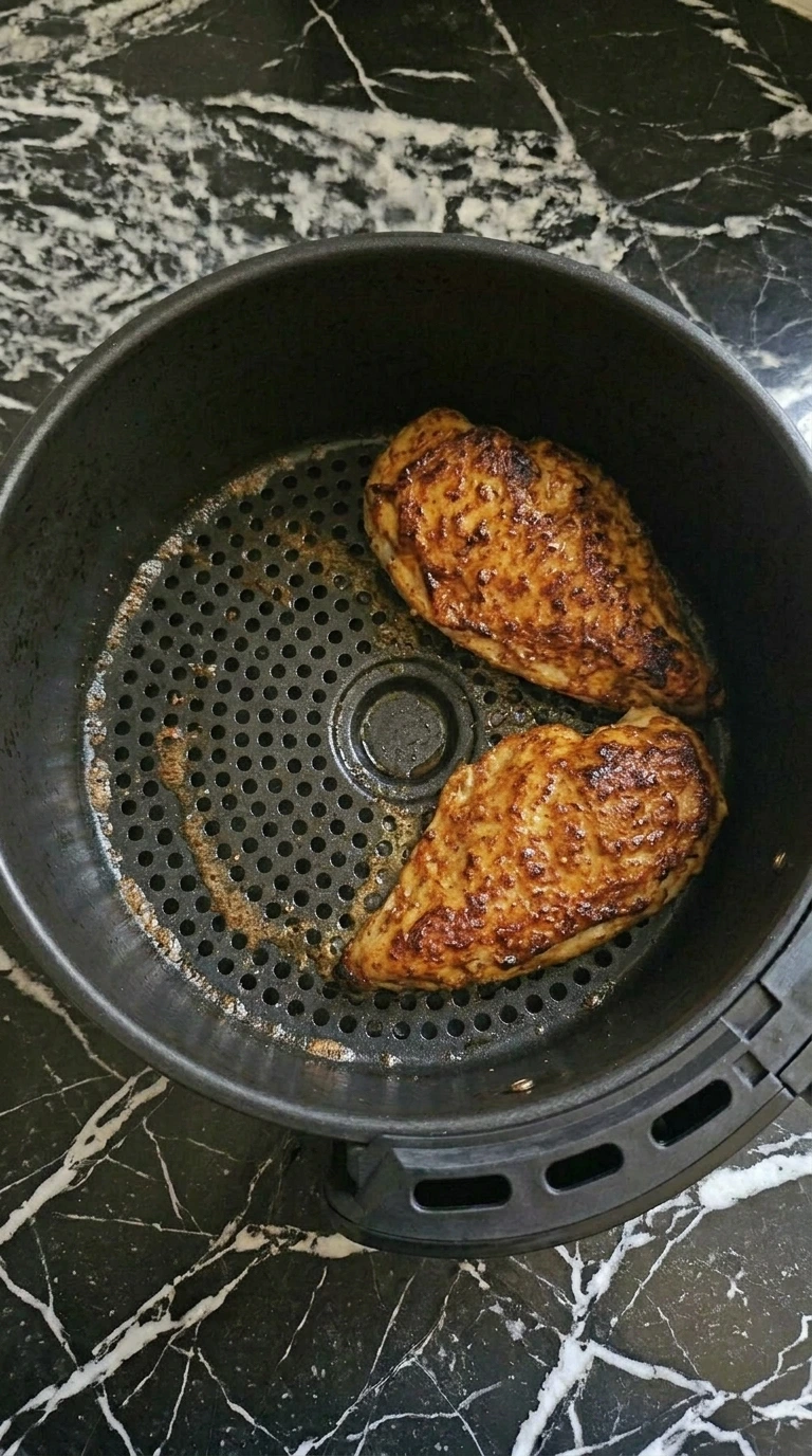 Fully cooked chicken breast with an amber crust in the basket
