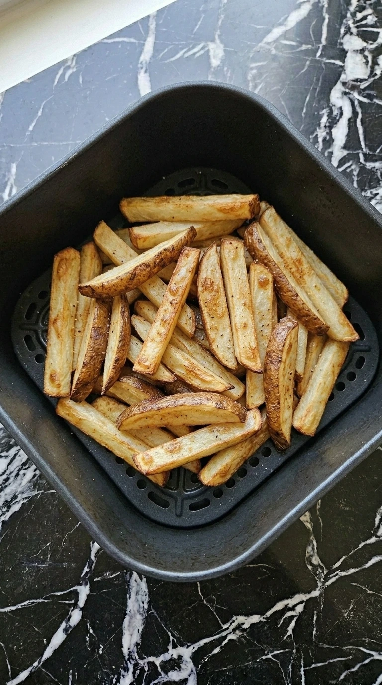 Perfectly golden brown and crispy fries sitting inside a dark air fryer basket.