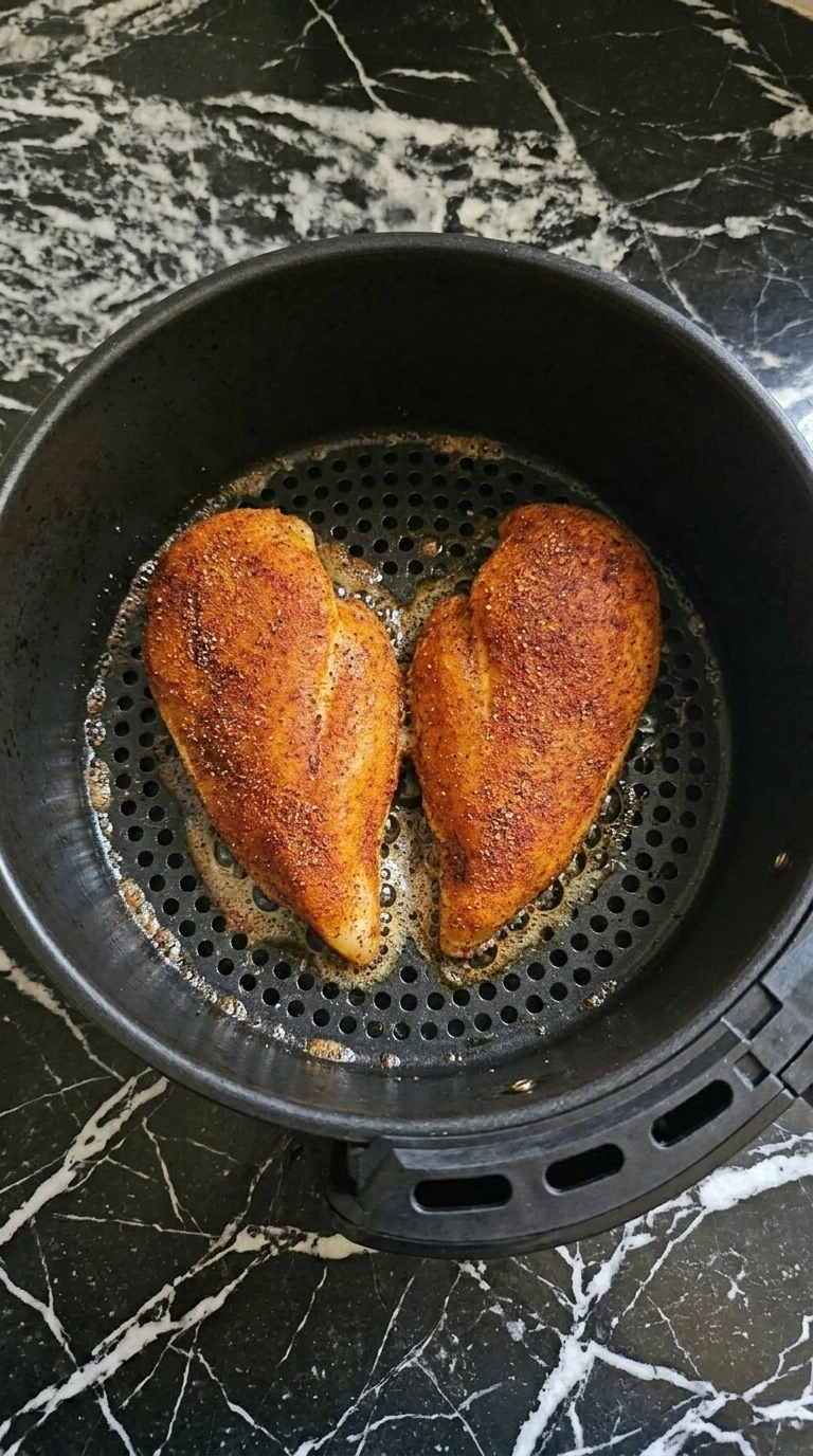 Chicken breasts cooking inside a black air fryer basket