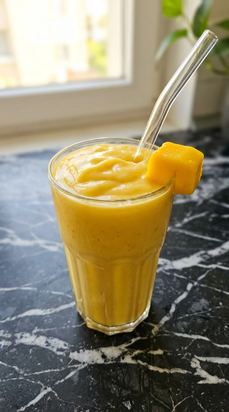 A thick and creamy mango smoothie in a tall fluted glass with a glass straw
