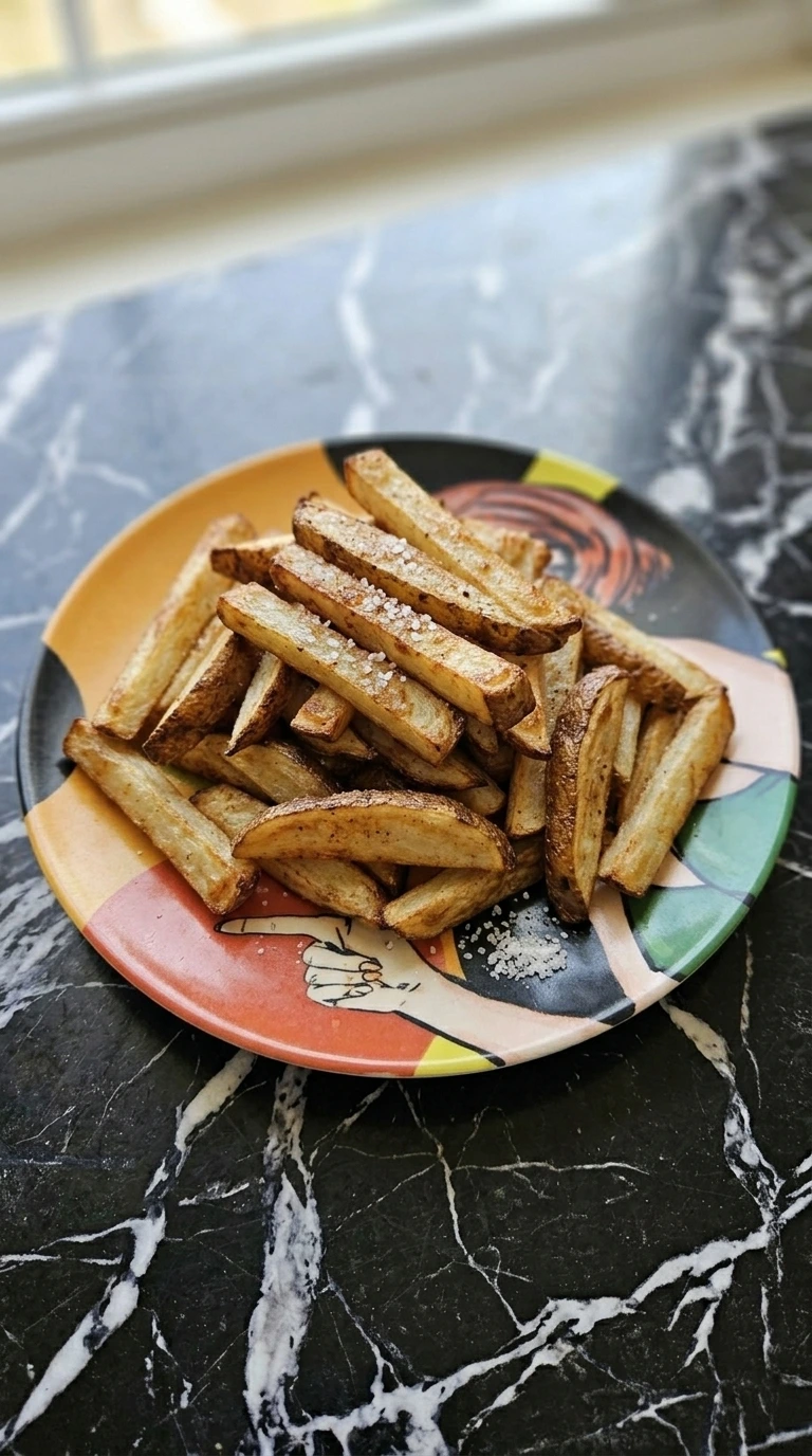 A platter of golden brown crispy air fryer fries seasoned with sea salt.