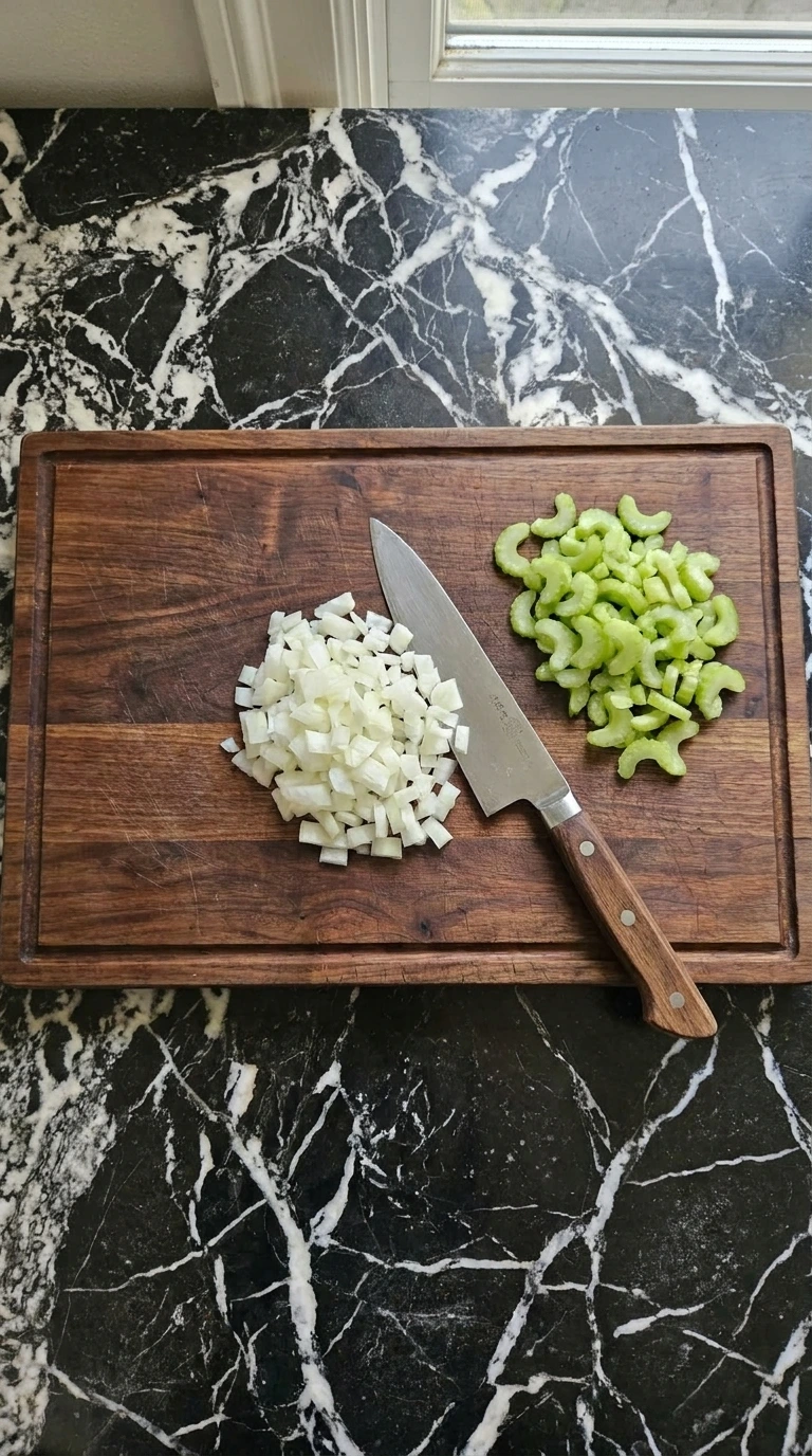 Chopped yellow onion and green celery on a wooden board