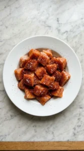Raw chicken breast cubes tossed with red spices on a white plate.