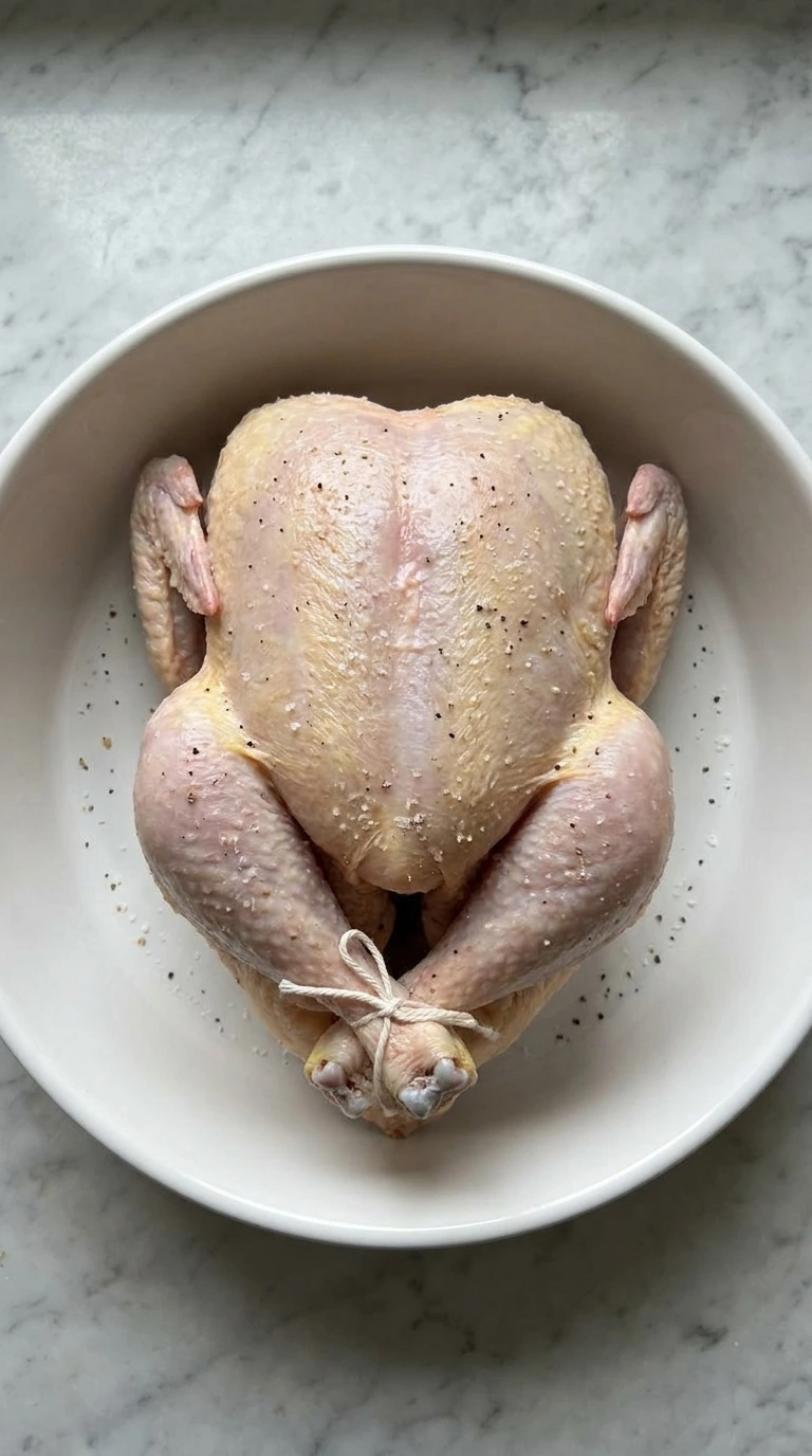 Raw whole chicken seasoned with salt and pepper in a white baking dish.