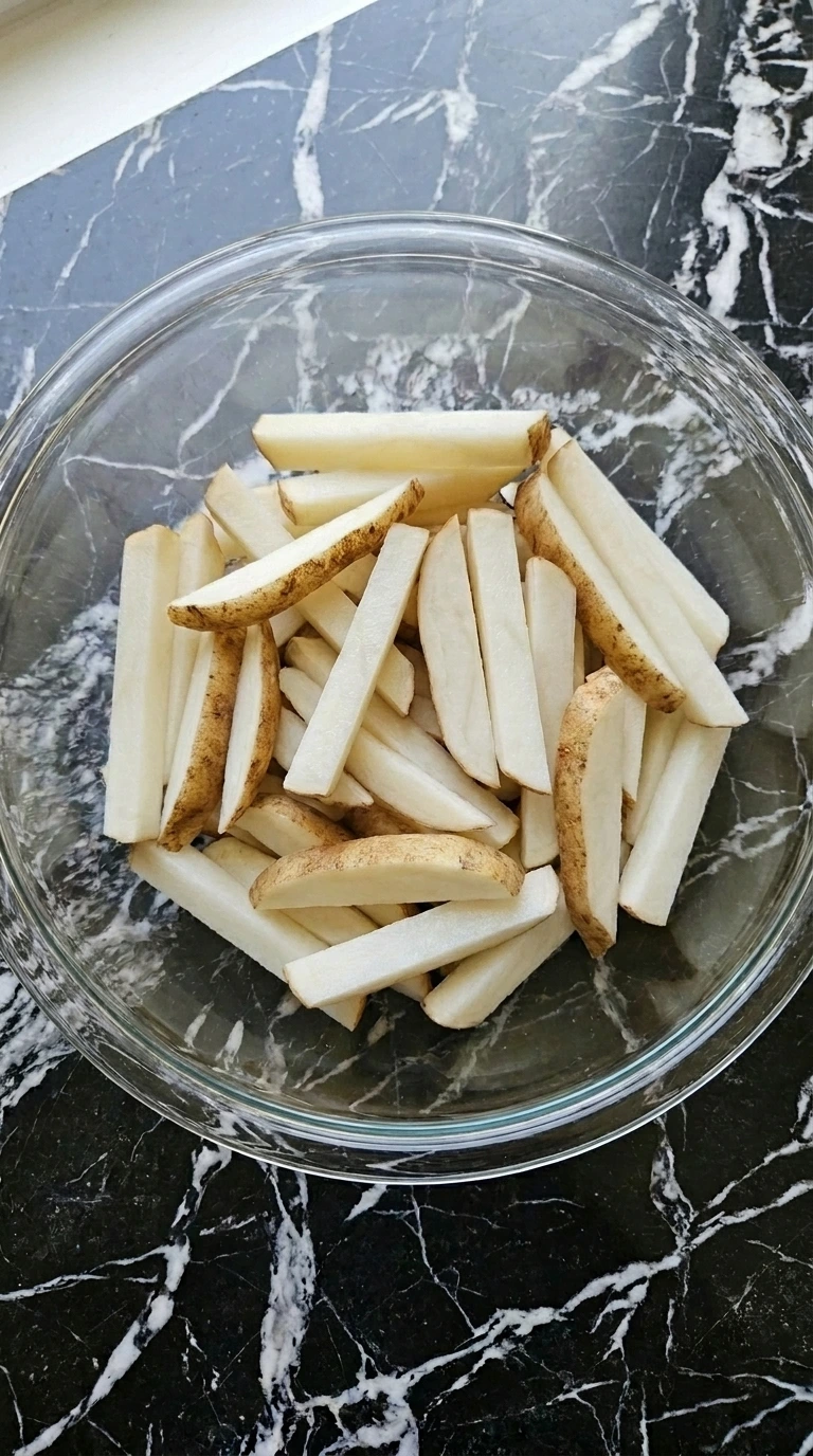Dry, matte raw potato batons sitting in a clean clear glass mixing bowl.