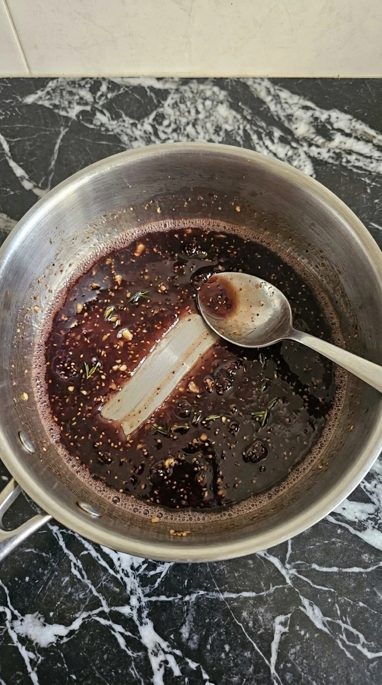 Glossy mahogany fig balsamic glaze reduced in a saucepan. Recipe focus: Goat Cheese Stuffed Chicken Thighs.