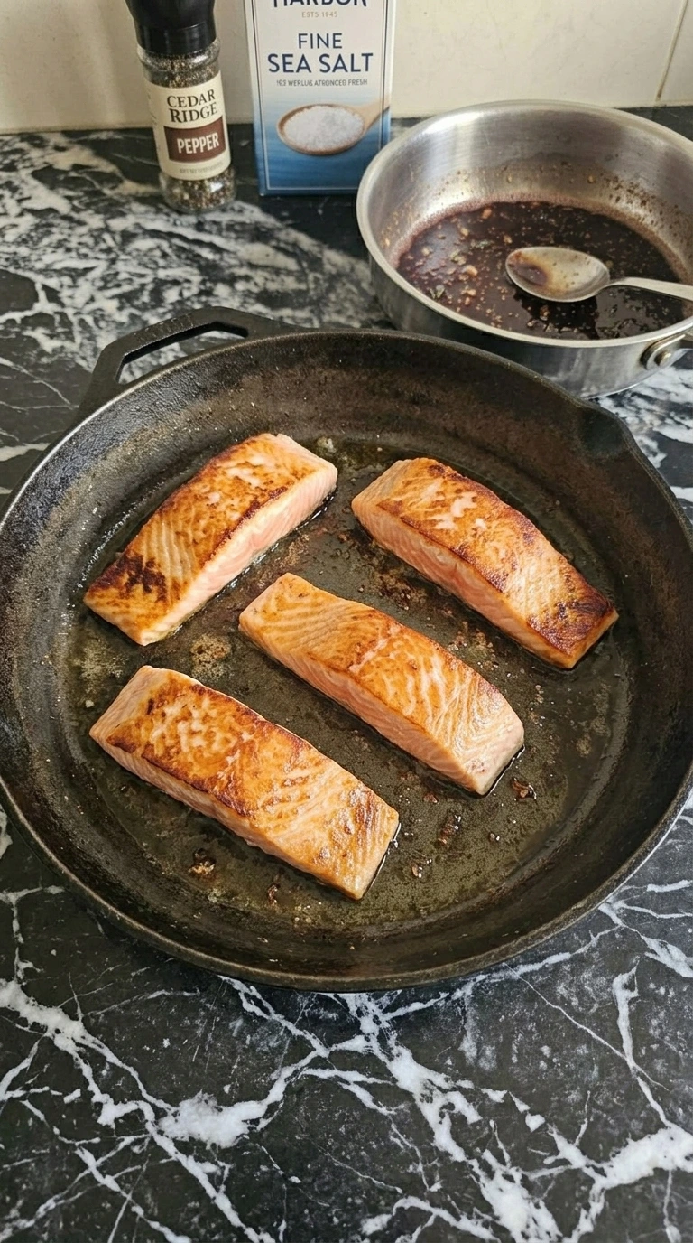 Four salmon fillets with irregular amber seared crusts in a skillet. Recipe focus: How To Make Goat Cheese Stuffed Chicken.