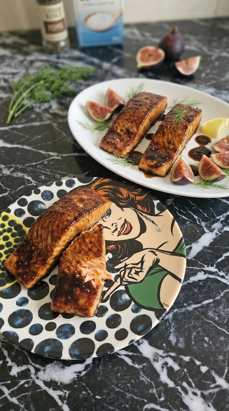 Four glossy Fig Balsamic Salmon fillets with figs, lemon and dill. Recipe focus: Dinner Recipes To Impress Guests.