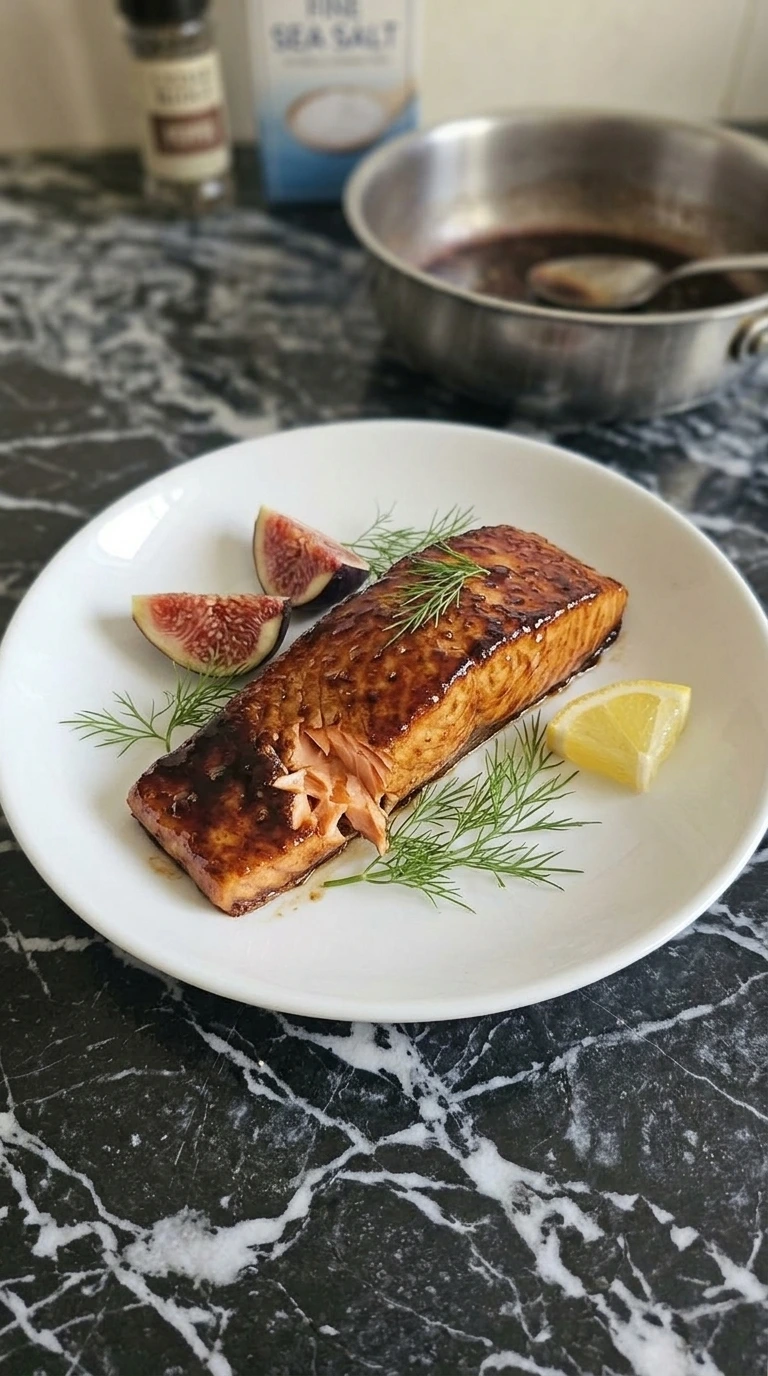 Single plated Fig Balsamic Salmon portion with figs, lemon and dill. Recipe focus: Dinner Recipes To Impress Guests.