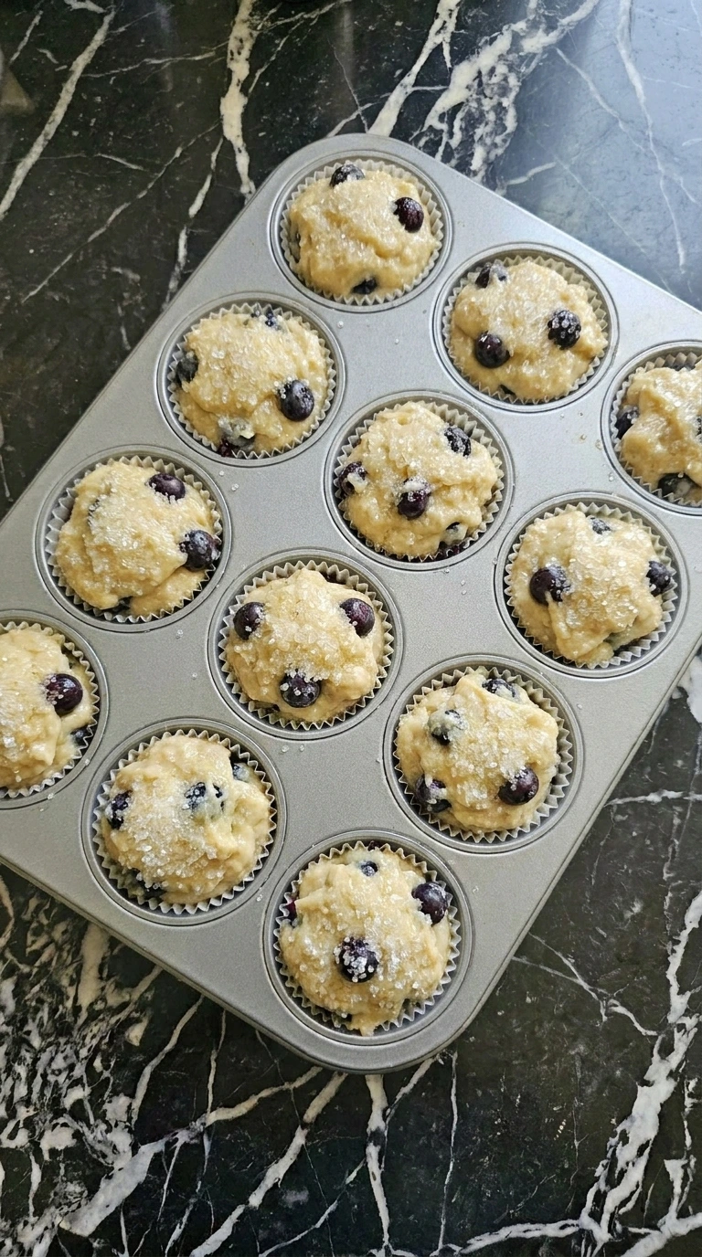 Raw blueberry muffin batter scooped into paper liners inside a metal muffin tin