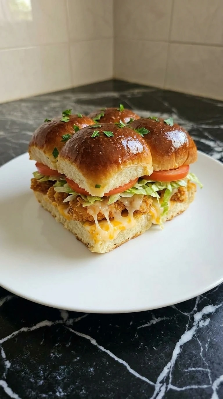 Baked chicken sliders sliced open showing lettuce tomato chicken and melted cheese