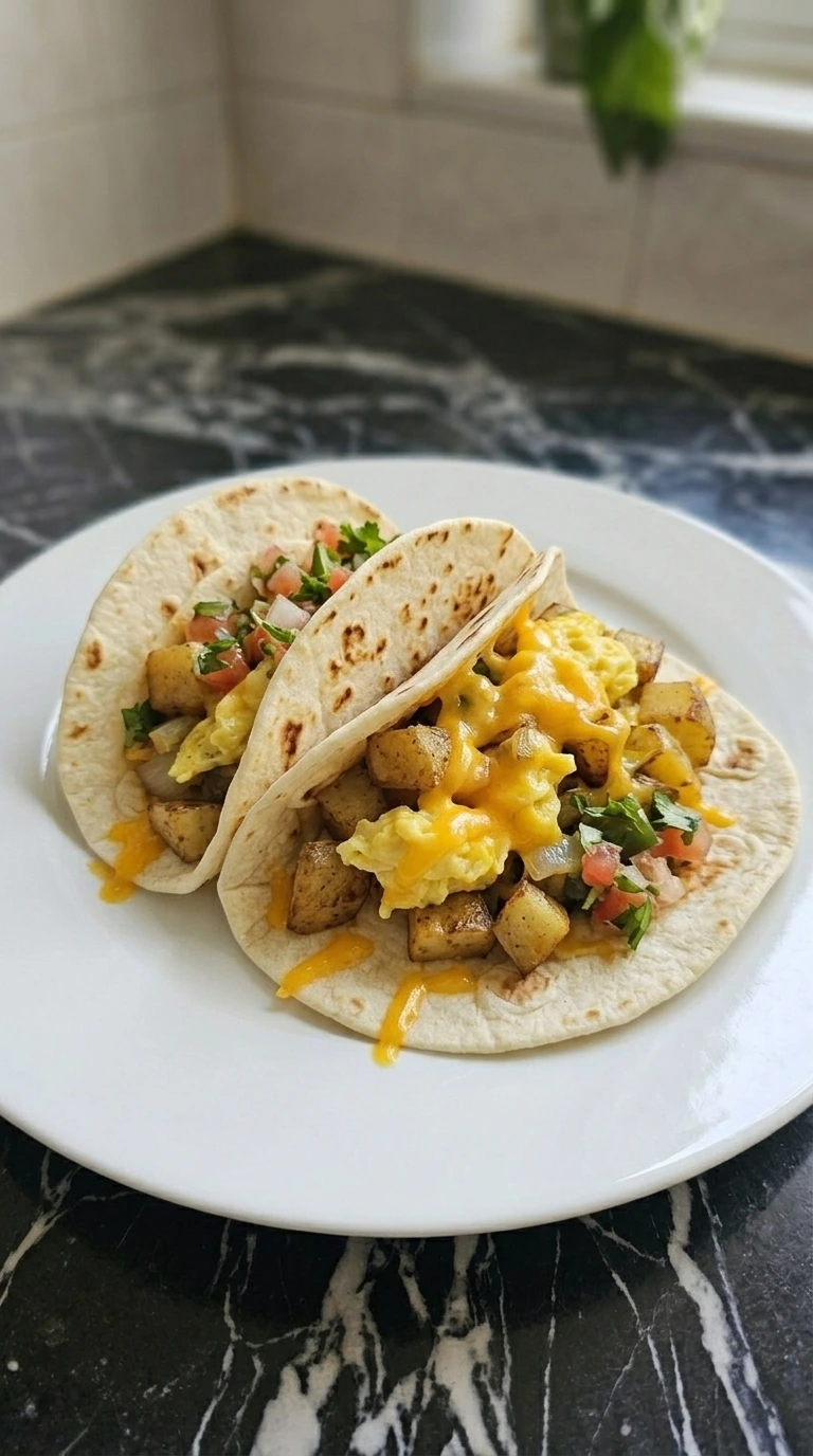 Two finished potato egg and cheese breakfast tacos on a white plate