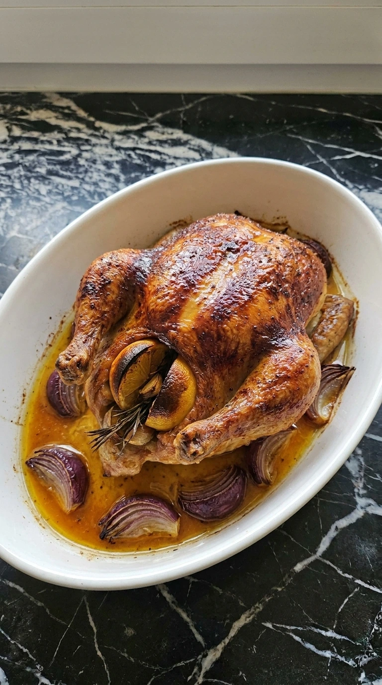 Fully roasted chicken with deep mahogany skin and charred onions in a ceramic pan