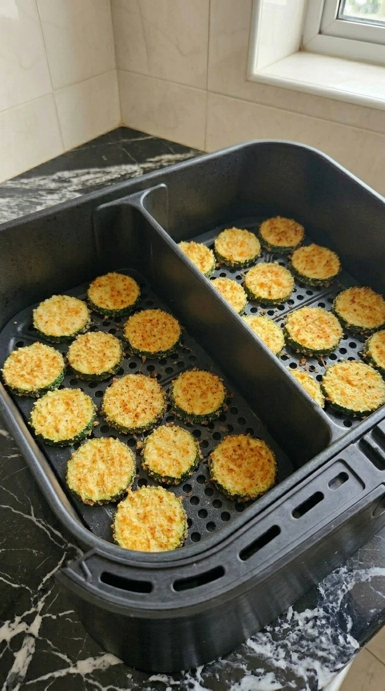 Deep golden zucchini chips after flipping in the air fryer Recipe focus: Best Zucchini Recipes Air Fryer.