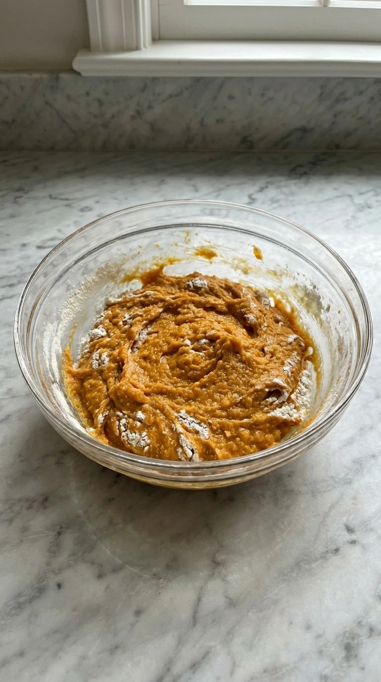 Folding wet and dry ingredients together with a blue spatula in a glass bowl.