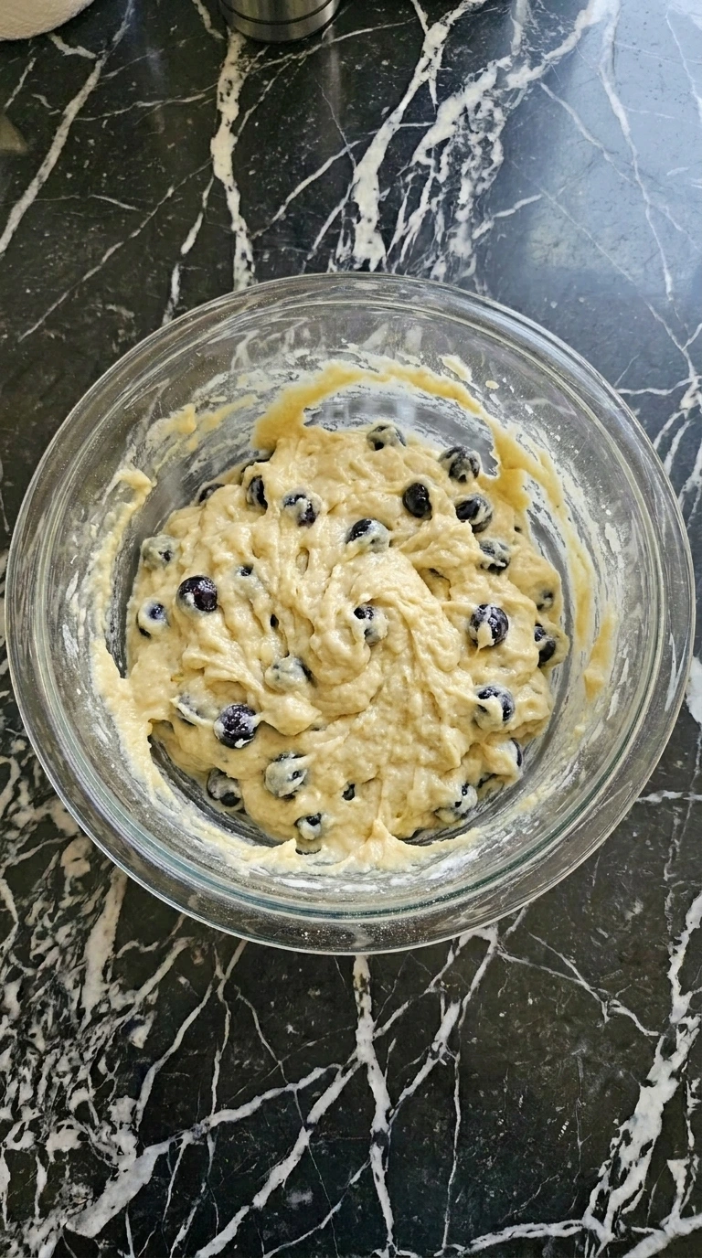 Thick lumpy muffin batter with blueberries folded in a glass bowl