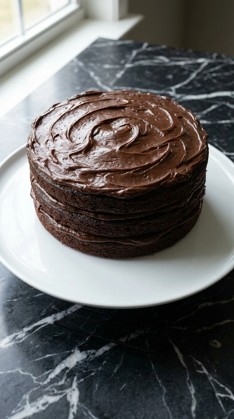 A fully frosted three-layer chocolate cake showing natural rustic swirls
