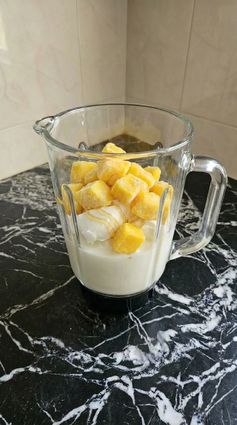 Frozen mango chunks layered on top of yogurt inside a blender jar