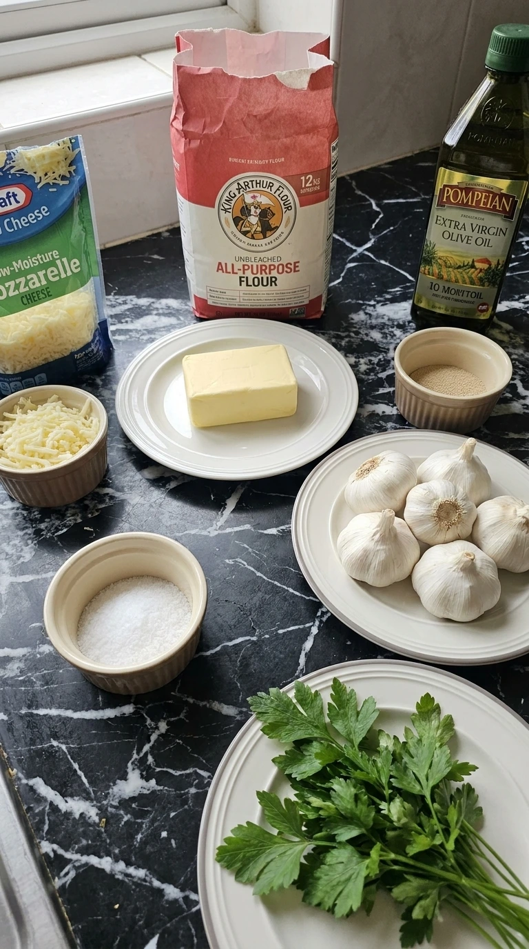 Raw ingredients for garlic bread scattered naturally on a dark surface.