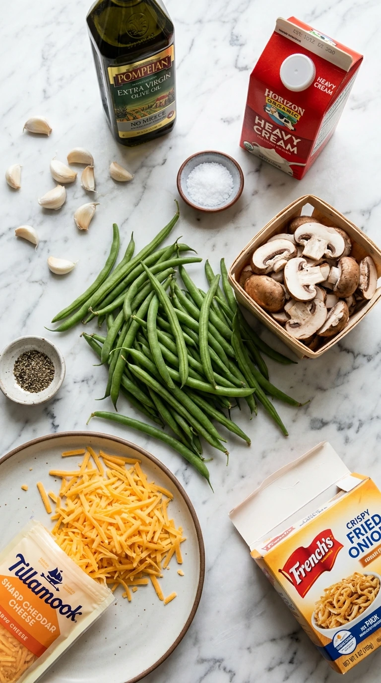 Raw ingredients for green bean casserole scattered naturally on a white marble counter including green beans, mushrooms, cream, and garlic.