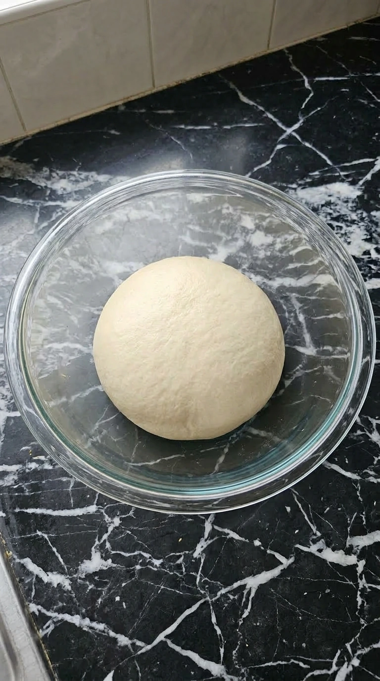 Smooth round yeast dough resting in a clear glass mixing bowl.