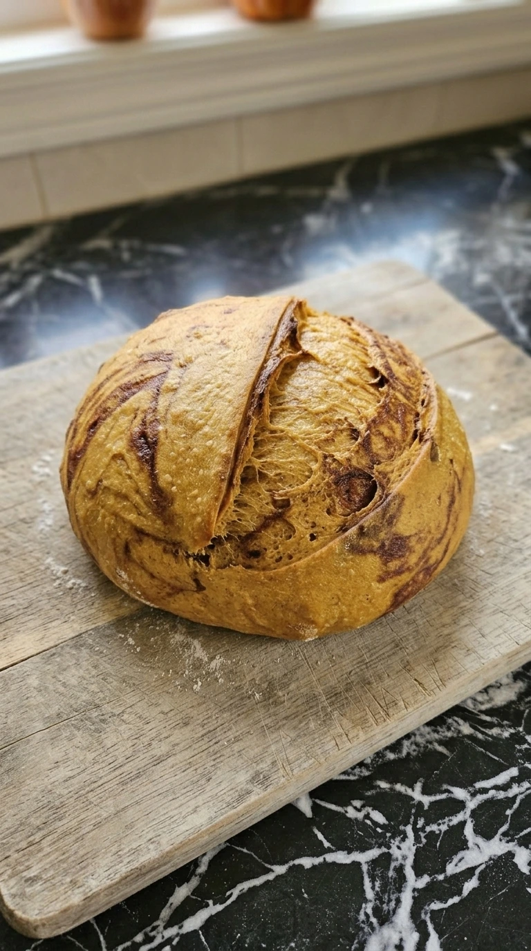 Pumpkin sourdough boule shaped on a counter with cinnamon sugar swirled inside. Recipe focus: Fall Sourdough Bread Recipes.