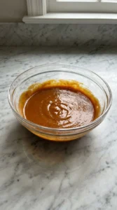 Glossy pumpkin and sugar mixture in a glass bowl.