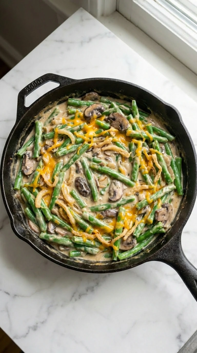 Green beans, shredded cheddar cheese, and crispy onions being folded into a creamy mushroom sauce.