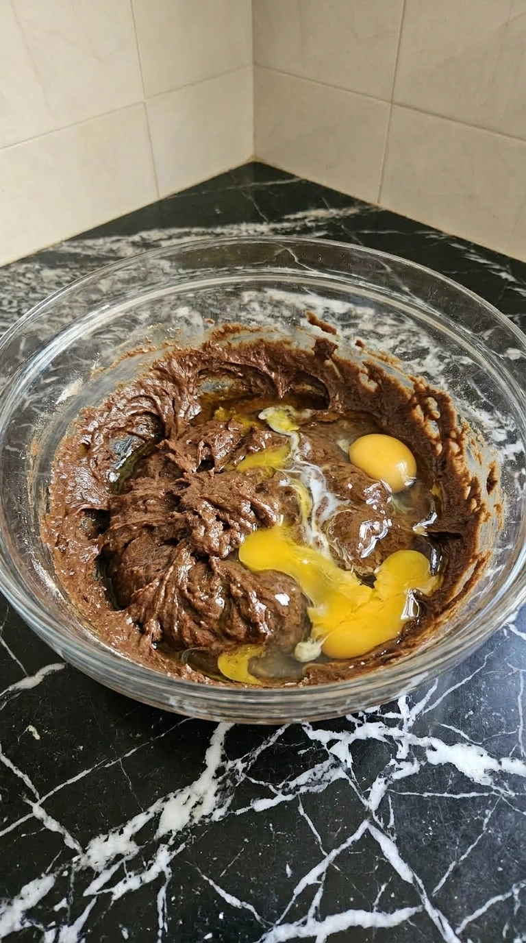 Thick dark brown chocolate cake batter paste in a glass bowl