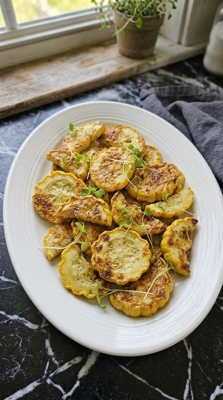 Golden Parmesan Roasted Patty Pan Squash on a white oval platter