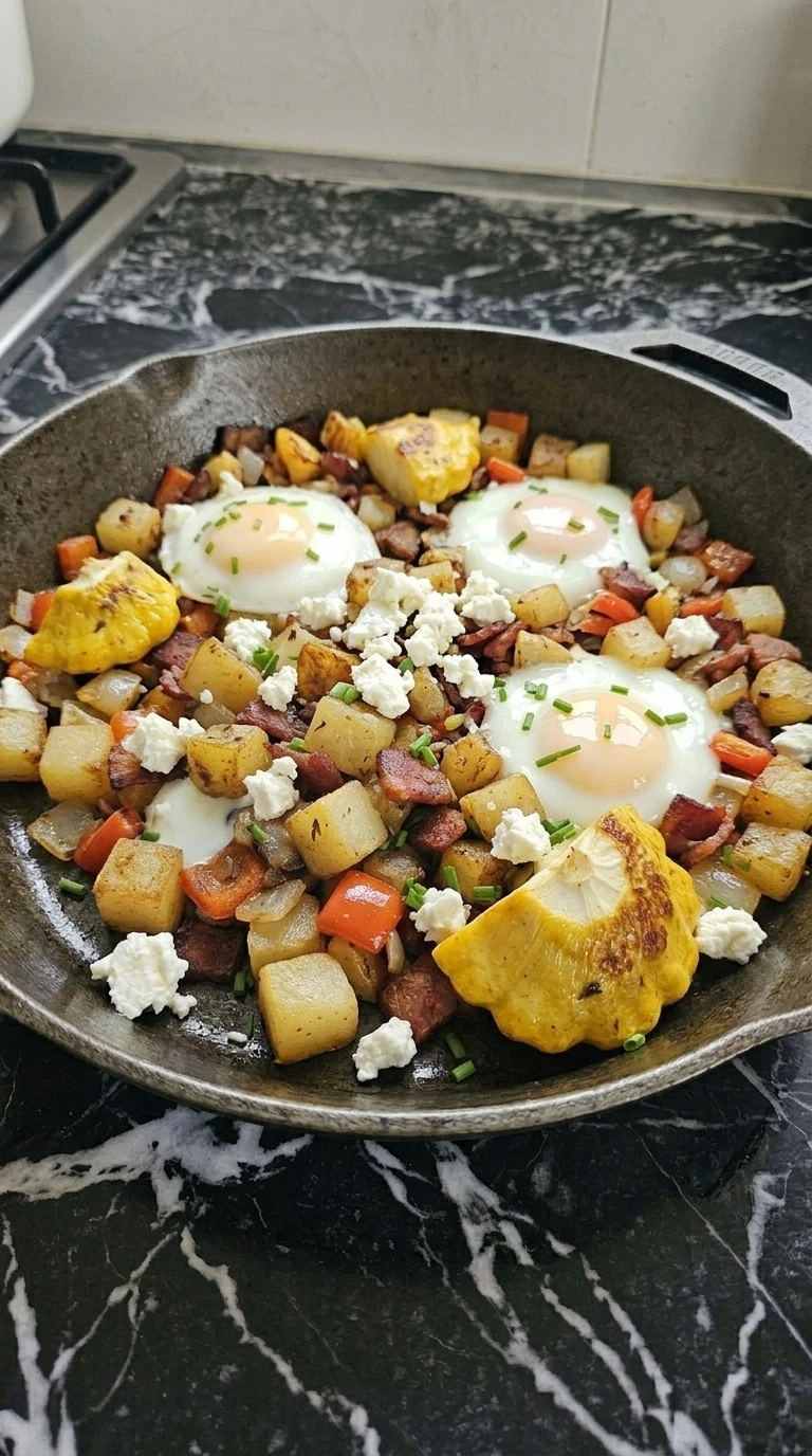Patty Pan Squash Breakfast Hash with potatoes, bacon, eggs, feta and chives in a cast-iron skillet.