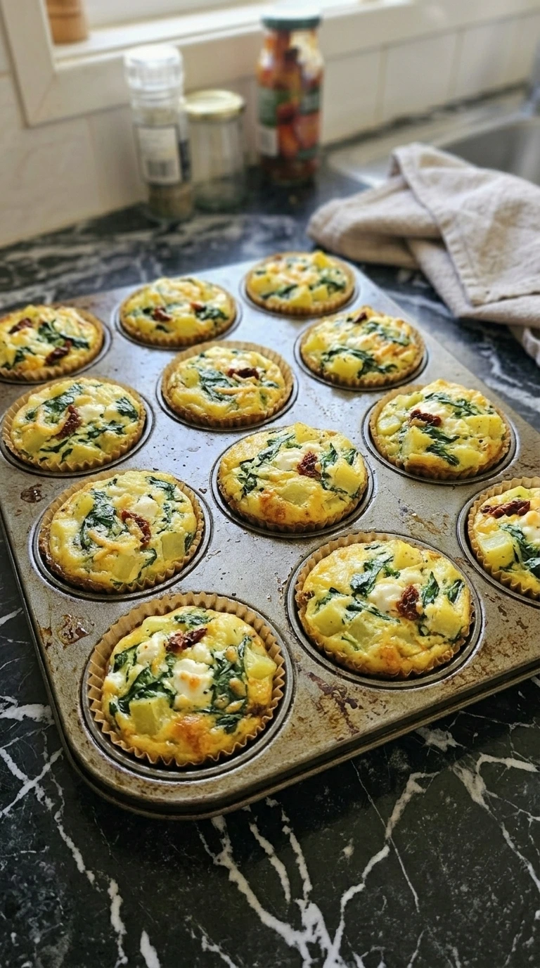 Twelve golden Patty Pan Squash Egg Muffins with spinach, feta and sun-dried tomatoes in a muffin tin.