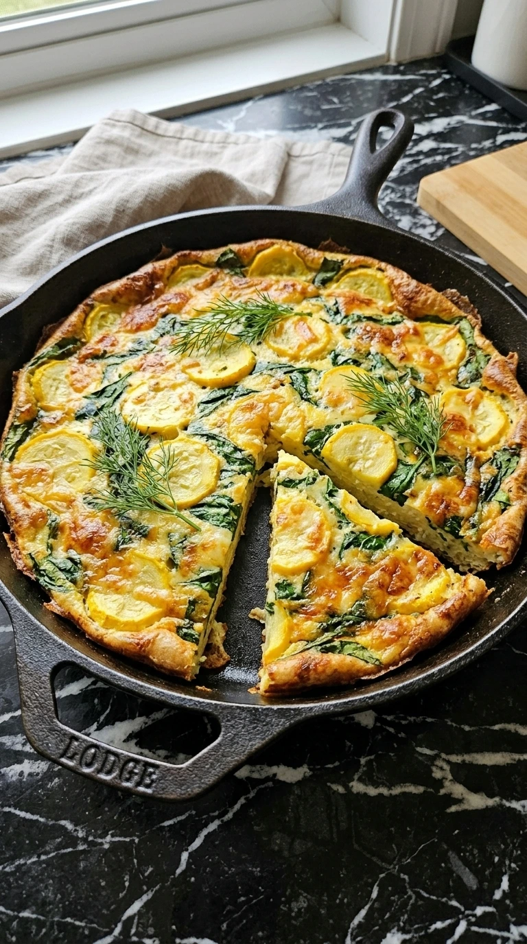 Patty Pan Squash Frittata with spinach and golden cheese in a cast-iron skillet.