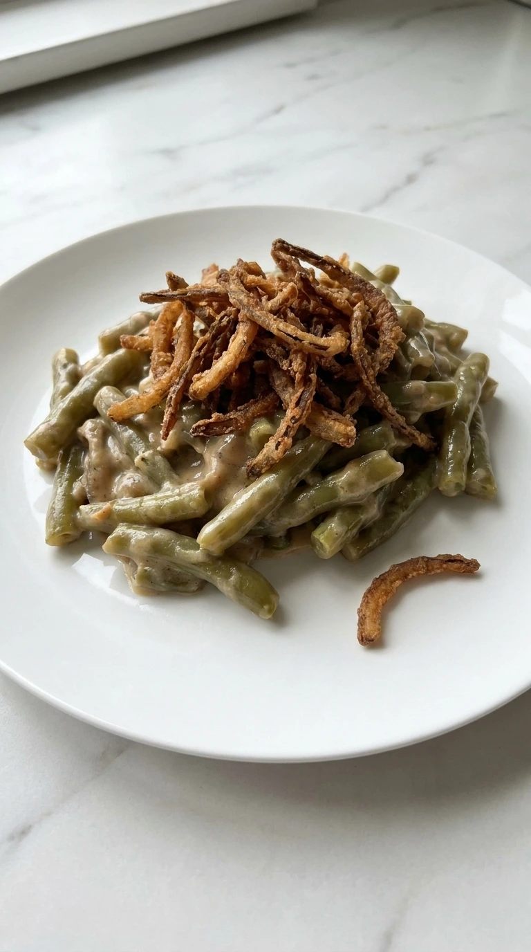 A single serving of green bean casserole on a white plate highlighting the creamy texture and crunchy topping.