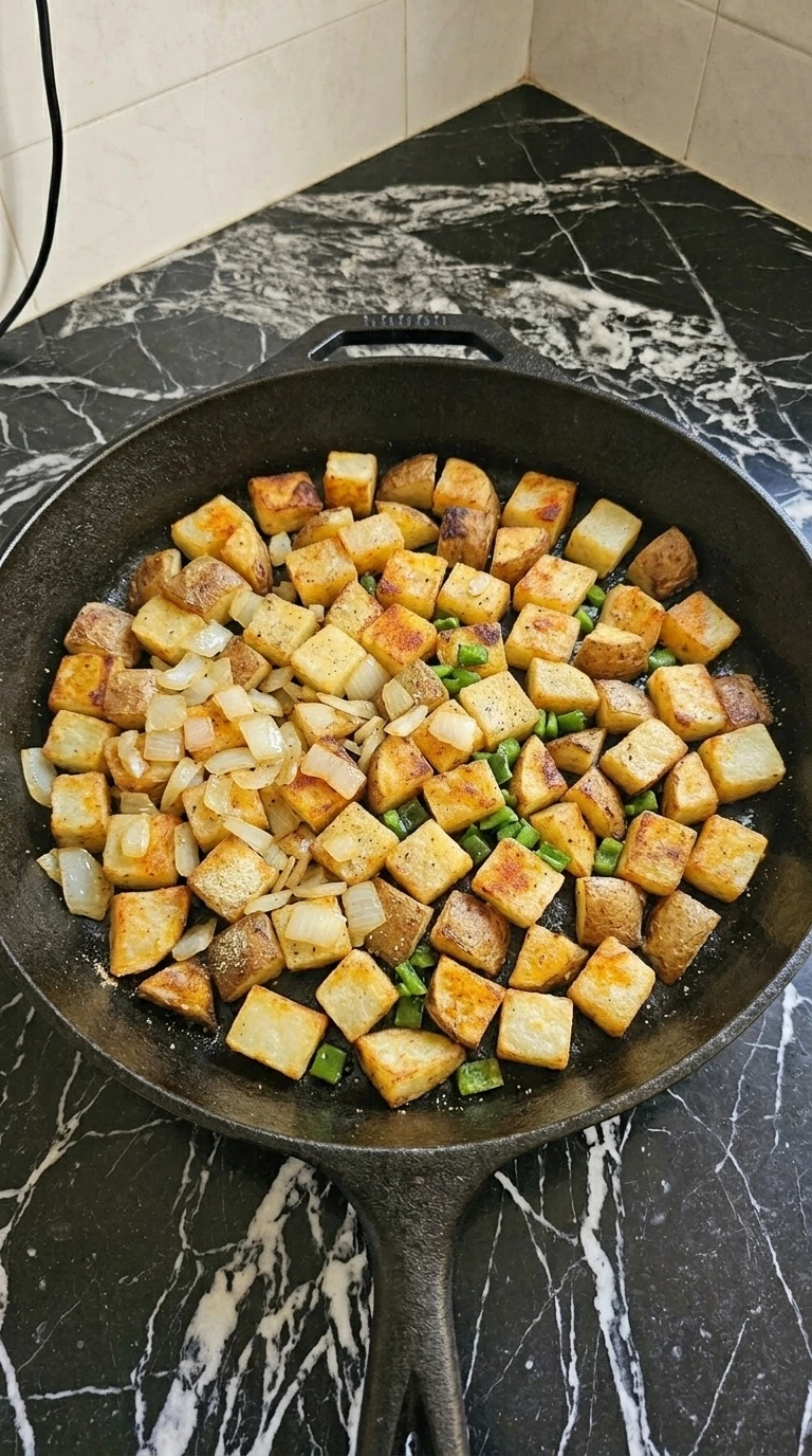 Golden potatoes mixed with softened poblano pepper and yellow onion