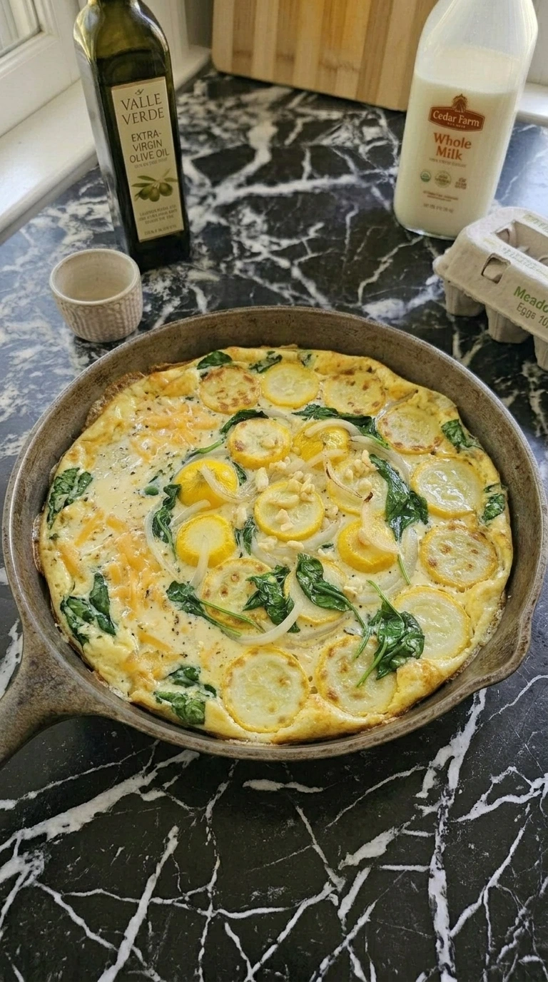 Egg mixture poured over patty pan squash and spinach in a skillet.